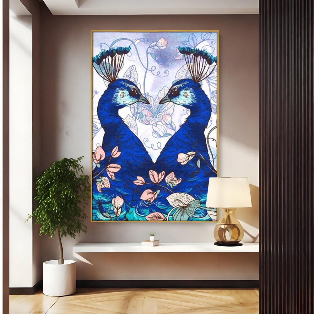 Tablou canvas cu tablou canvas cu doi pauni albastri, in rama de aluminiu auriu